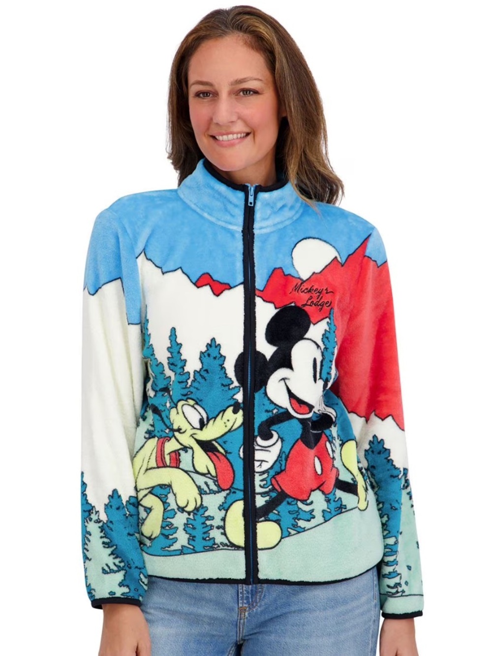 Disney Blue Red Black Mickey & Pluto Fleece Zip-Up Jacket loose fit size small